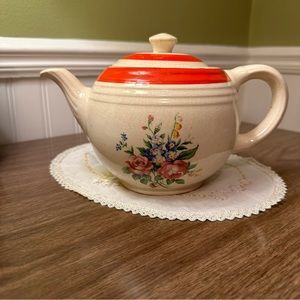 Vintage Transferware Rose Floral Design Red and Cream Teapot